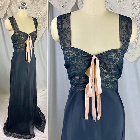 Vintage 1940's Nightgown | Black Rayon with Floral Cotton Lace & Pink Ribbon Keyhole Neckline | Size M - Daggers & Dames
