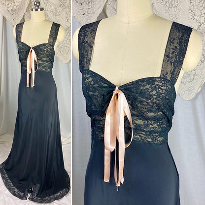 Vintage 1940's Nightgown | Black Rayon with Floral Cotton Lace & Pink Ribbon Keyhole Neckline | Size M - Daggers & Dames