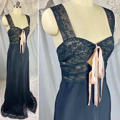 Vintage 1940's Nightgown | Black Rayon with Floral Cotton Lace & Pink Ribbon Keyhole Neckline | Size M - Daggers & Dames