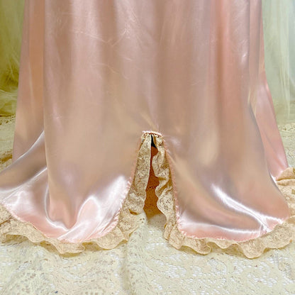 Vintage 1940's Nightgown - Bold Rose Pink Rayon Satin with Nude Floral Cotton Lace & Glass Button Closure - Size M - Daggers & Dames