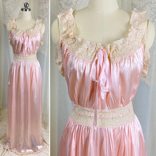 Vintage 1940's Nightgown - Bold Rose Pink Rayon Satin with Nude Floral Cotton Lace & Glass Button Closure - Size M - Daggers & Dames