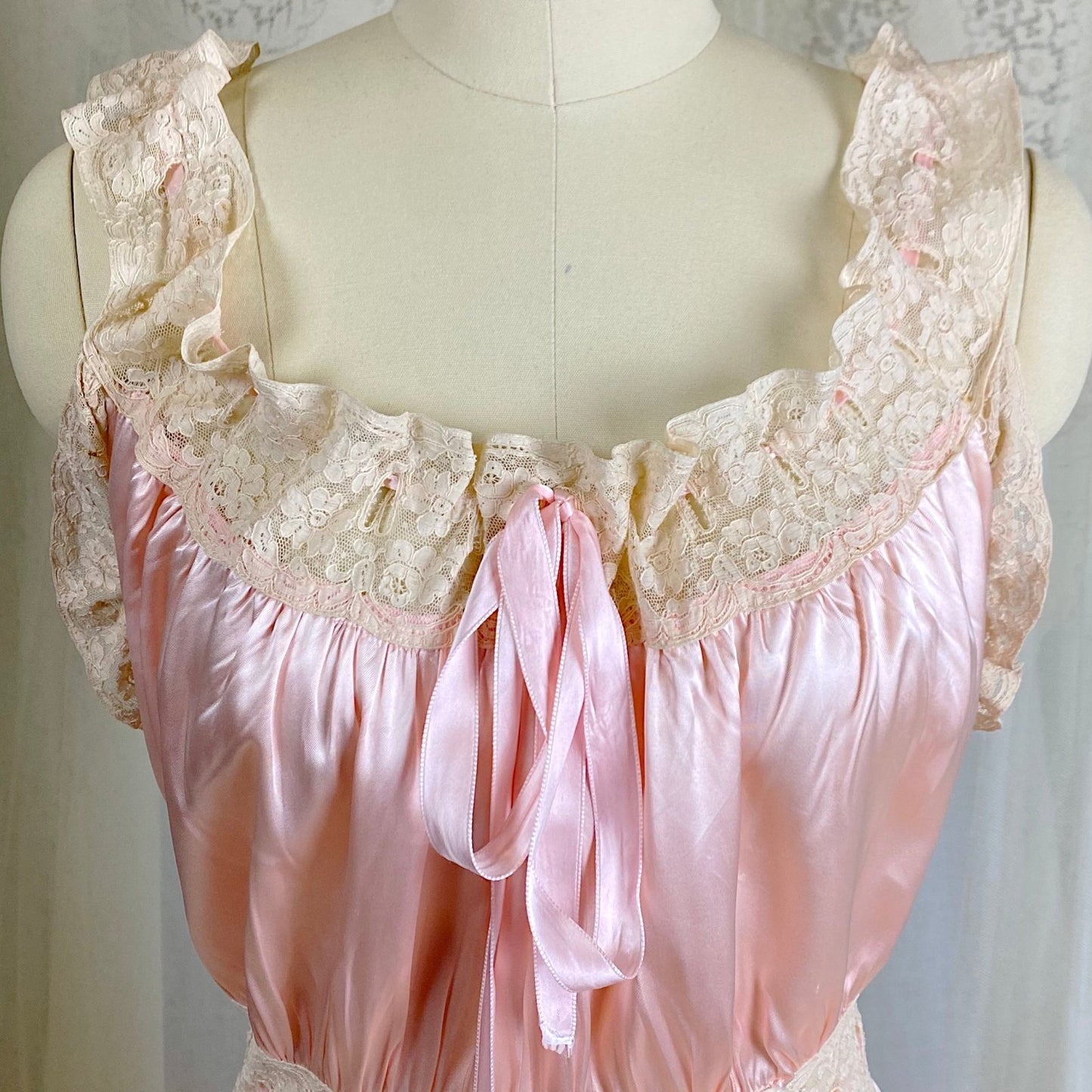 Vintage 1940's Nightgown - Bold Rose Pink Rayon Satin with Nude Floral Cotton Lace & Glass Button Closure - Size M - Daggers & Dames