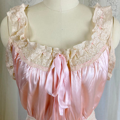 Vintage 1940's Nightgown - Bold Rose Pink Rayon Satin with Nude Floral Cotton Lace & Glass Button Closure - Size M - Daggers & Dames