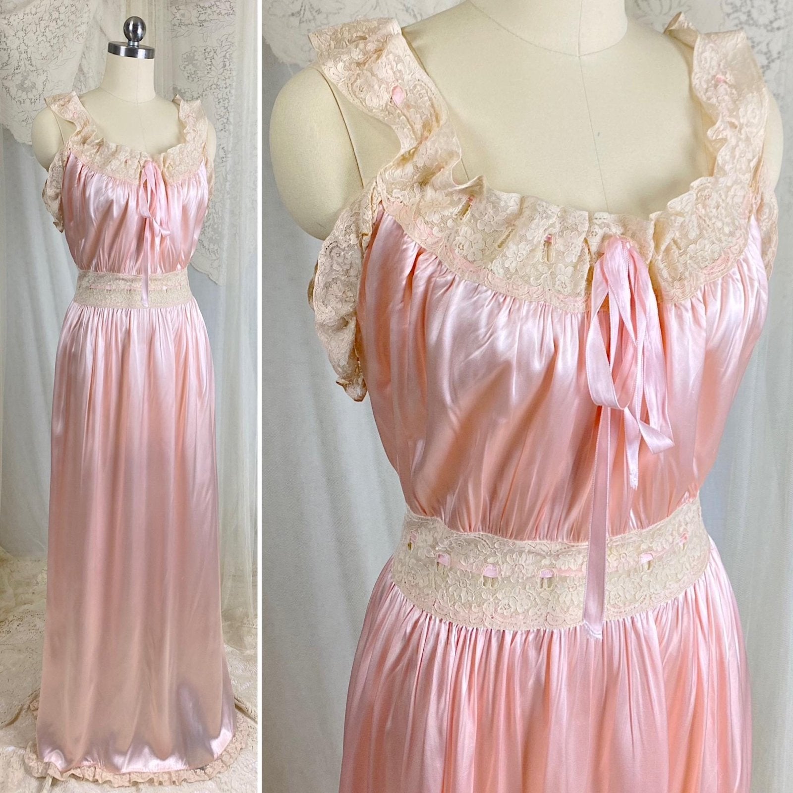 Vintage 1940's Nightgown - Bold Rose Pink Rayon Satin with Nude Floral Cotton Lace & Glass Button Closure - Size M - Daggers & Dames