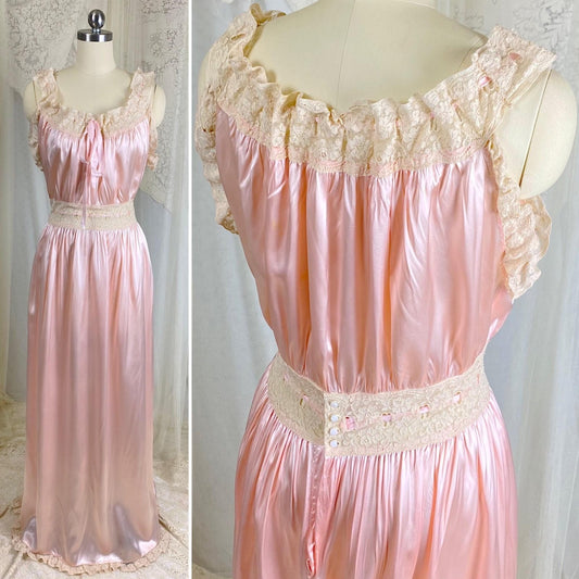 Vintage 1940's Nightgown - Bold Rose Pink Rayon Satin with Nude Floral Cotton Lace & Glass Button Closure - Size M - Daggers & Dames