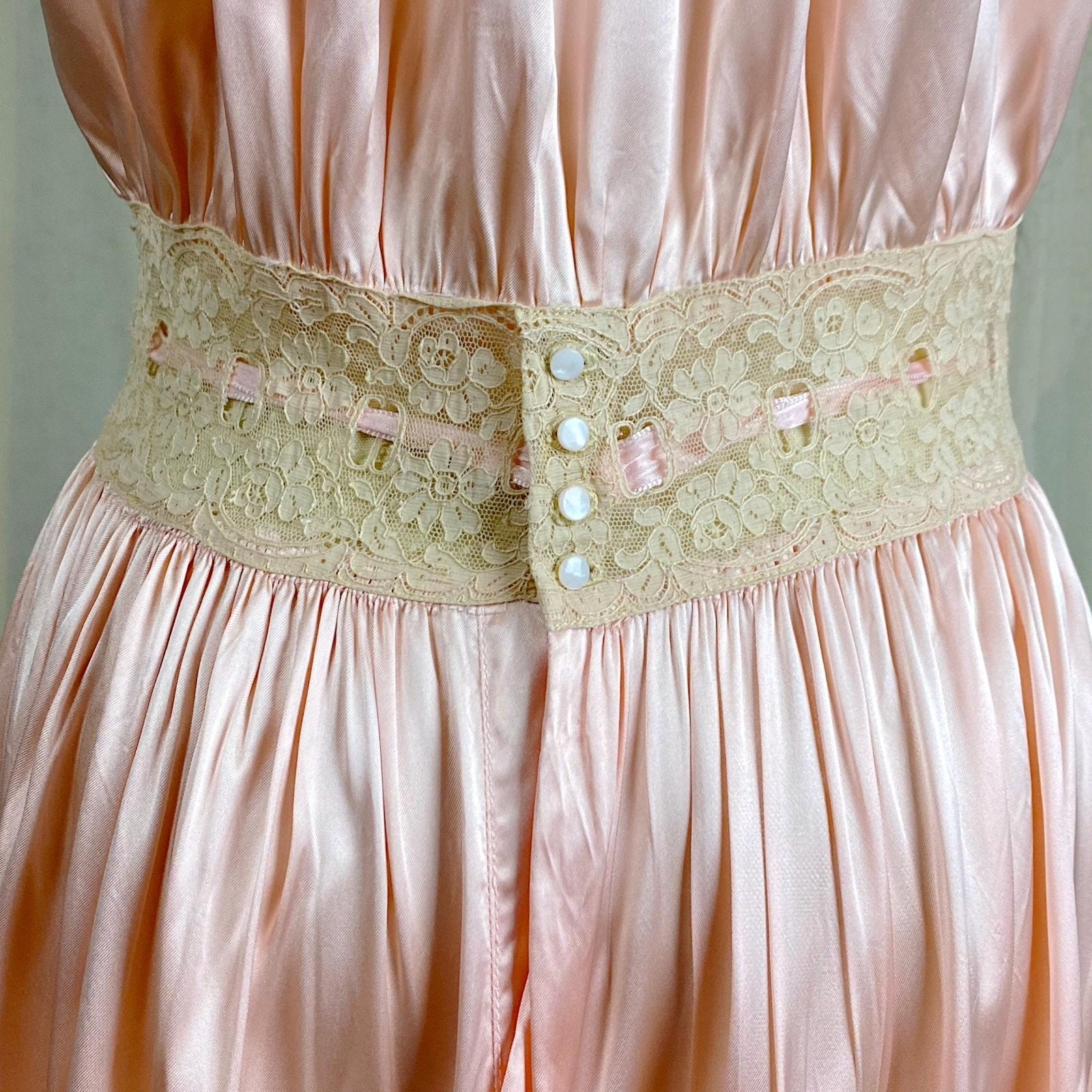 Vintage 1940's Nightgown - Bold Rose Pink Rayon Satin with Nude Floral Cotton Lace & Glass Button Closure - Size M - Daggers & Dames