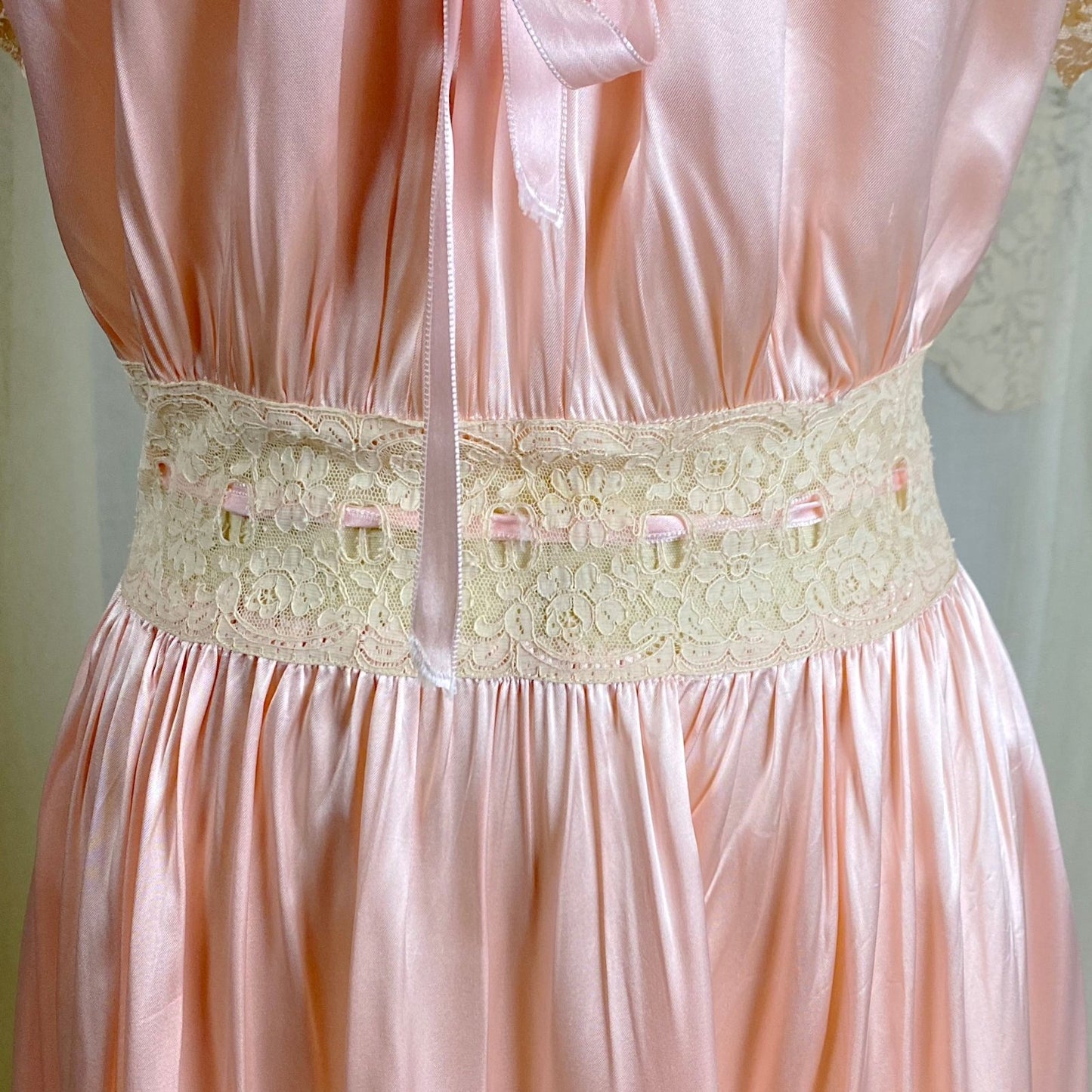 Vintage 1940's Nightgown - Bold Rose Pink Rayon Satin with Nude Floral Cotton Lace & Glass Button Closure - Size M - Daggers & Dames