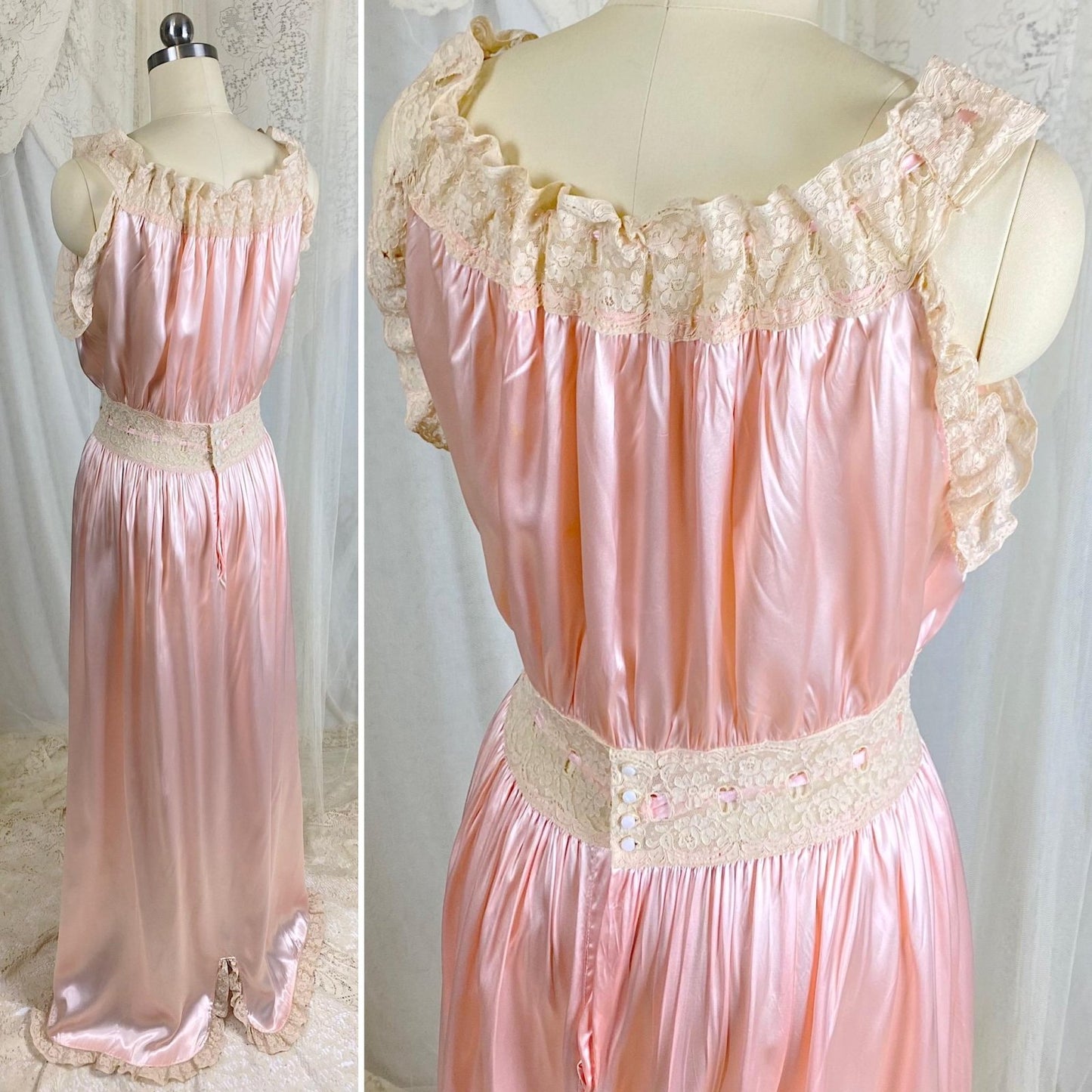 Vintage 1940's Nightgown - Bold Rose Pink Rayon Satin with Nude Floral Cotton Lace & Glass Button Closure - Size M - Daggers & Dames