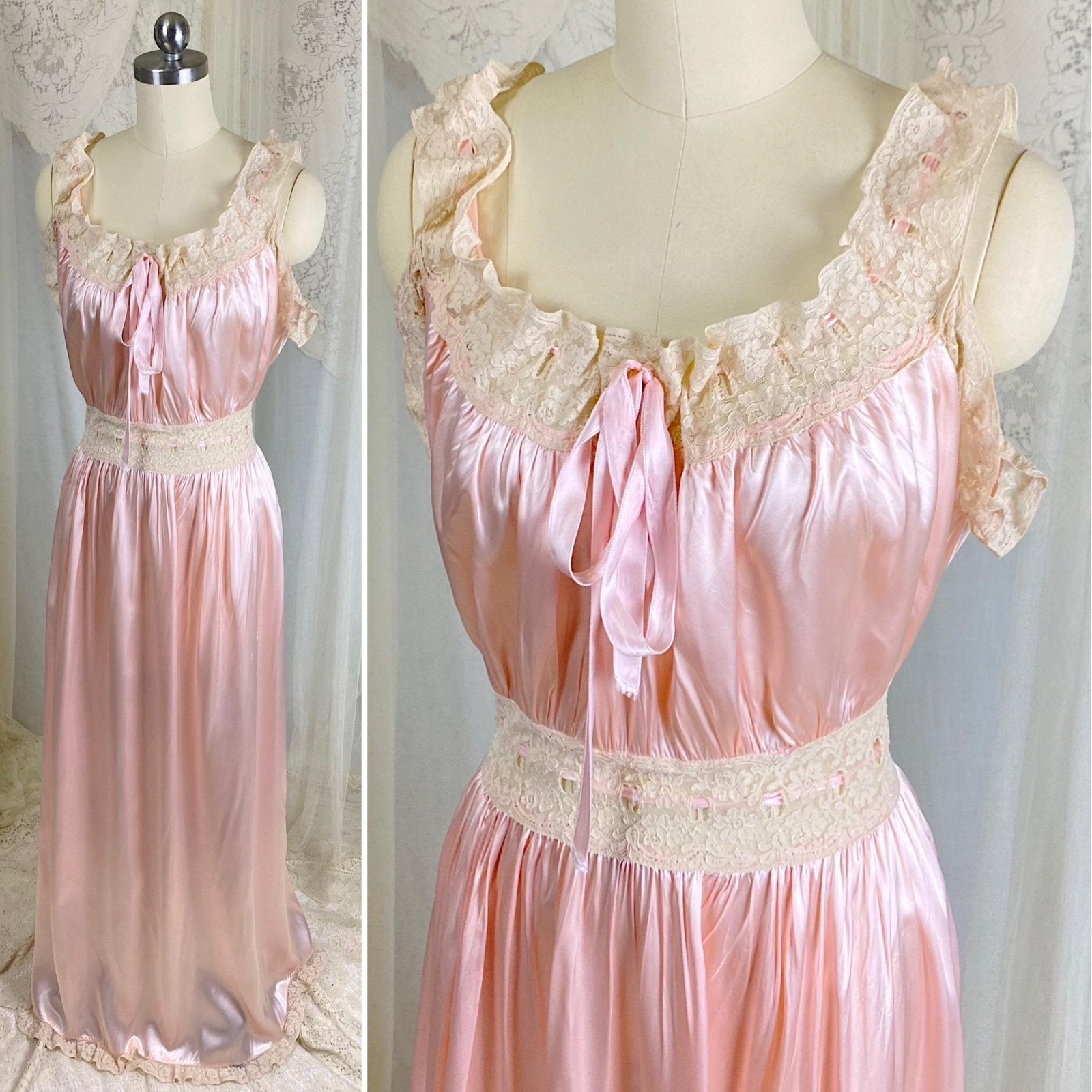 Vintage 1940's Nightgown - Bold Rose Pink Rayon Satin with Nude Floral Cotton Lace & Glass Button Closure - Size M - Daggers & Dames