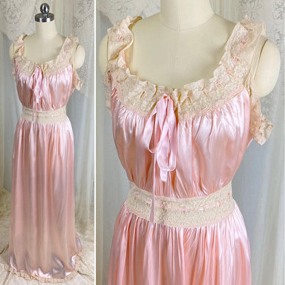 Vintage 1940's Nightgown - Bold Rose Pink Rayon Satin with Nude Floral Cotton Lace & Glass Button Closure - Size M - Daggers & Dames