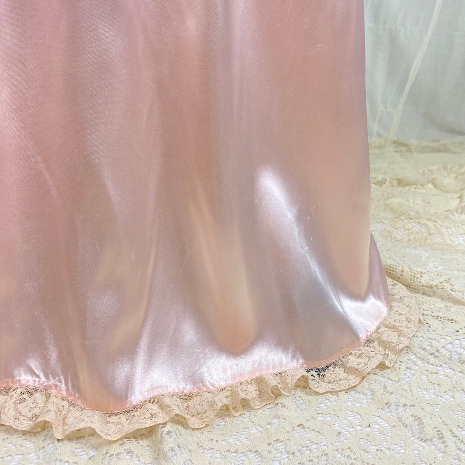 Vintage 1940's Nightgown - Bold Rose Pink Rayon Satin with Nude Floral Cotton Lace & Glass Button Closure - Size M - Daggers & Dames