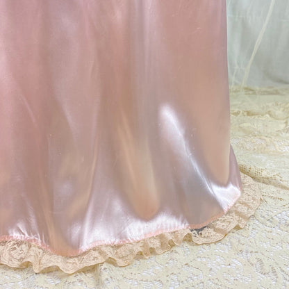 Vintage 1940's Nightgown - Bold Rose Pink Rayon Satin with Nude Floral Cotton Lace & Glass Button Closure - Size M - Daggers & Dames