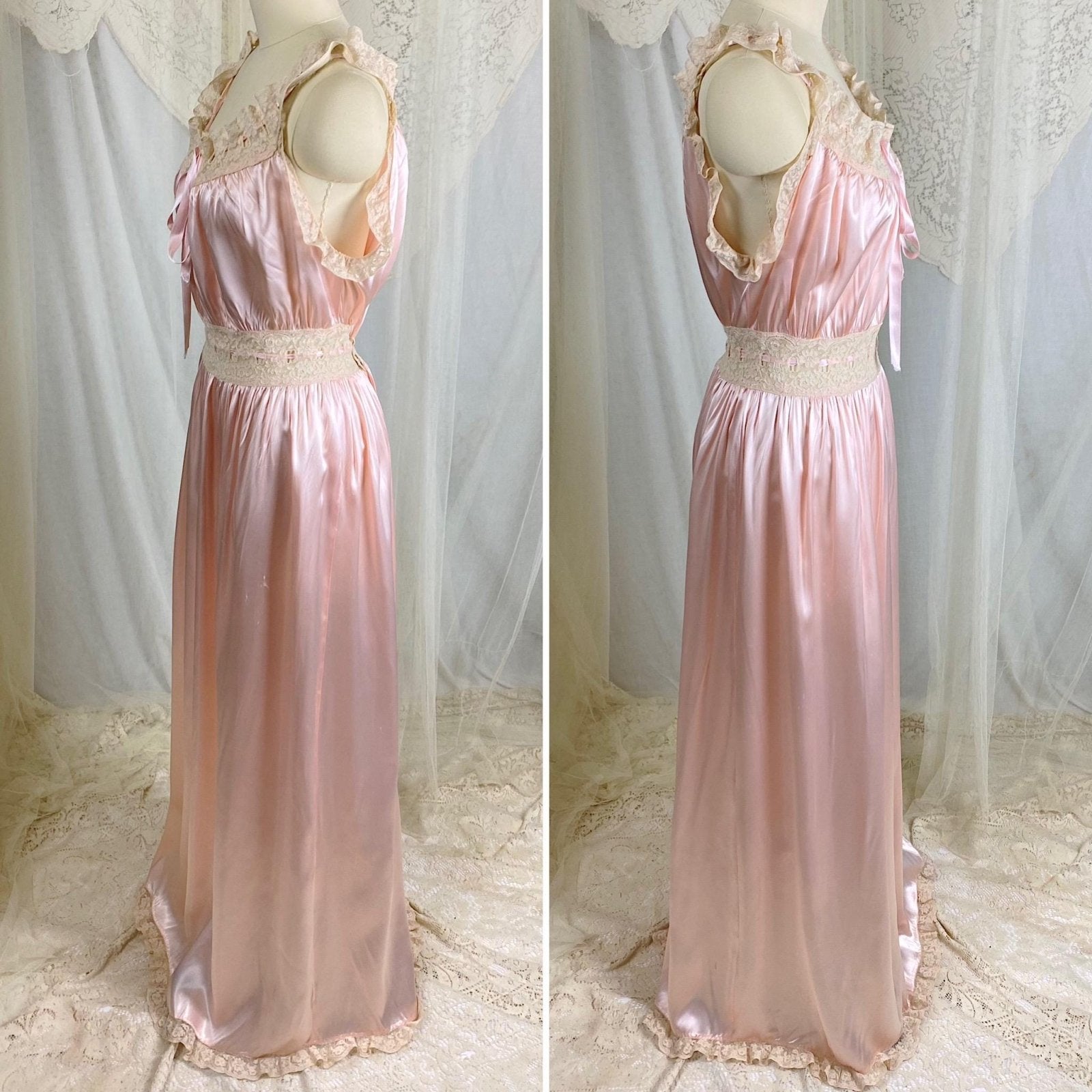 Vintage 1940's Nightgown - Bold Rose Pink Rayon Satin with Nude Floral Cotton Lace & Glass Button Closure - Size M - Daggers & Dames