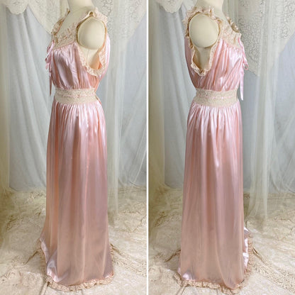 Vintage 1940's Nightgown - Bold Rose Pink Rayon Satin with Nude Floral Cotton Lace & Glass Button Closure - Size M - Daggers & Dames