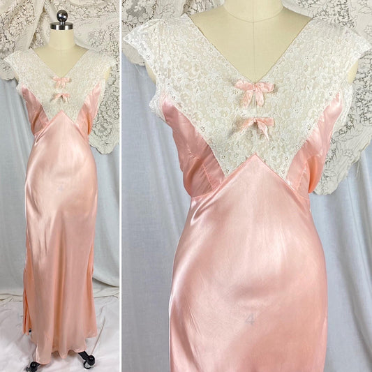 Vintage 1940's Nightgown | Bold Rose Pink Rayon Satin with White Cotton Lace & Open Back | Size S, M - Daggers & Dames