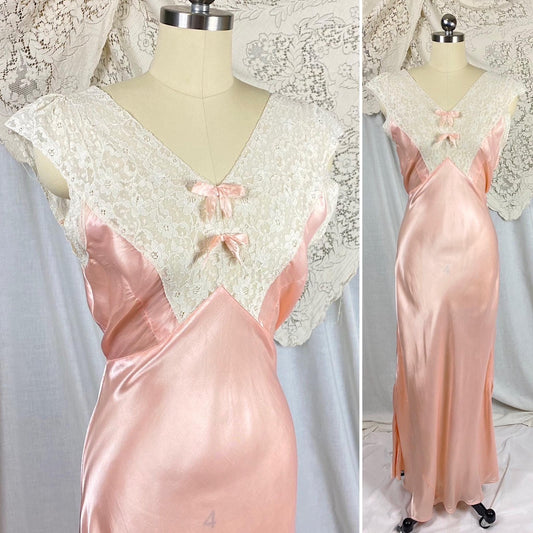 Vintage 1940's Nightgown | Bold Rose Pink Rayon Satin with White Cotton Lace & Open Back | Size S, M - Daggers & Dames