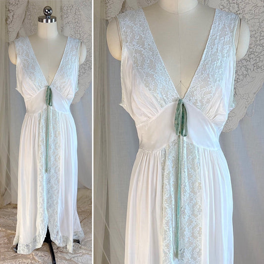 Vintage 1940's Nightgown - Bone White Rayon with Icy Blue Lace Insert & Velvet Bow - Daggers & Dames