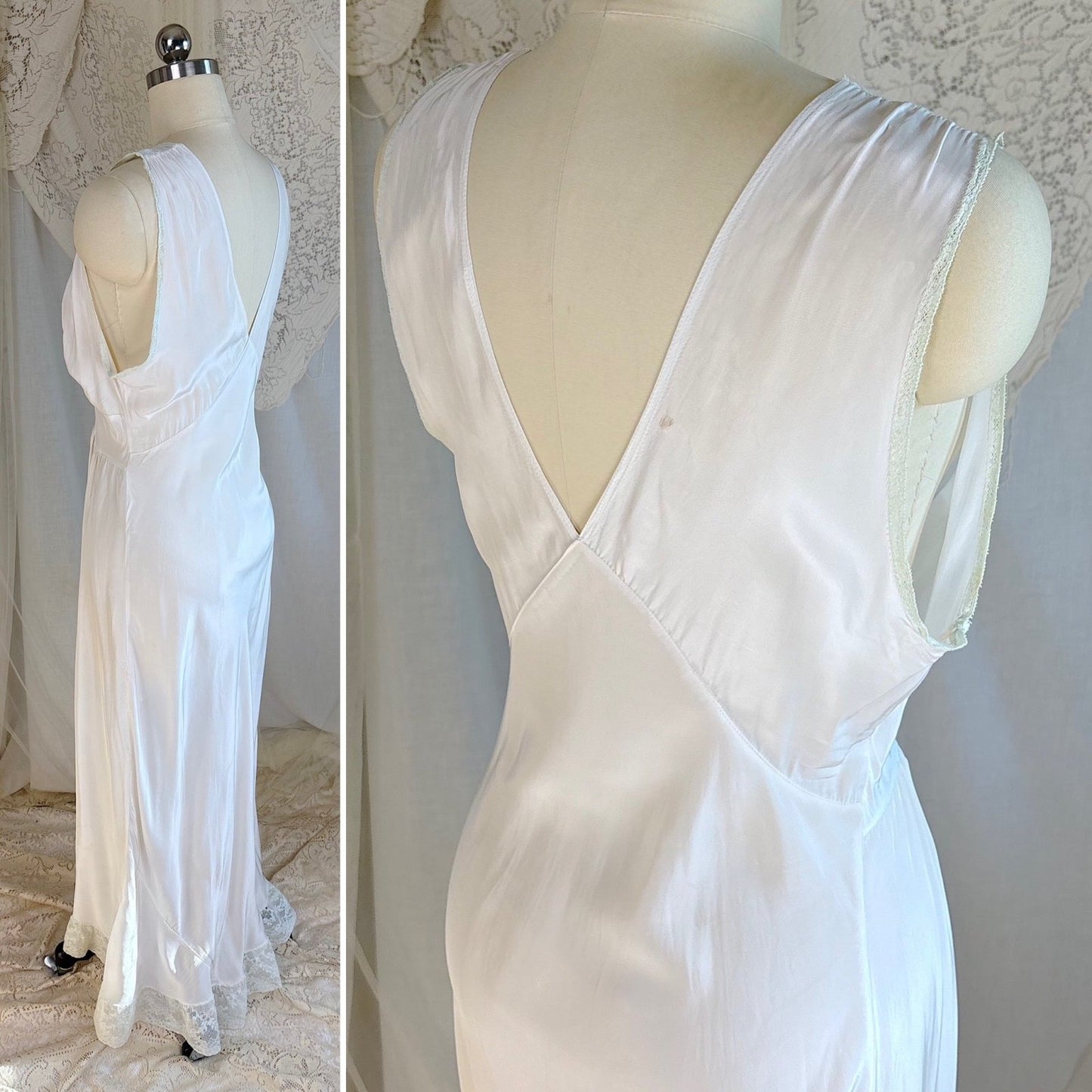 Vintage 1940's Nightgown - Bone White Rayon with Icy Blue Lace Insert & Velvet Bow - Daggers & Dames