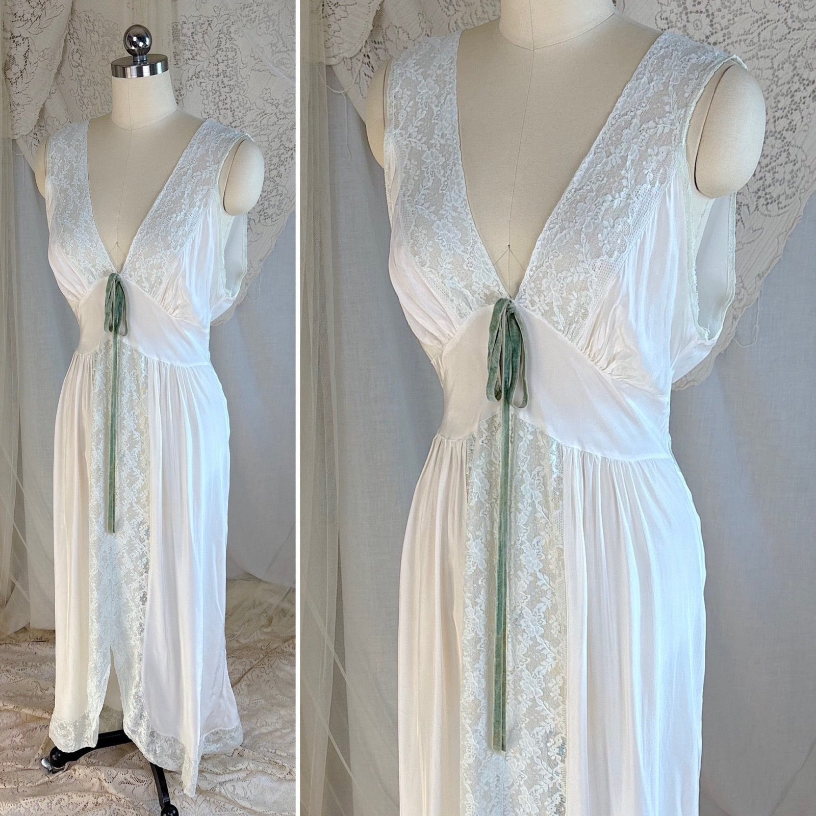 Vintage 1940's Nightgown - Bone White Rayon with Icy Blue Lace Insert & Velvet Bow - Daggers & Dames