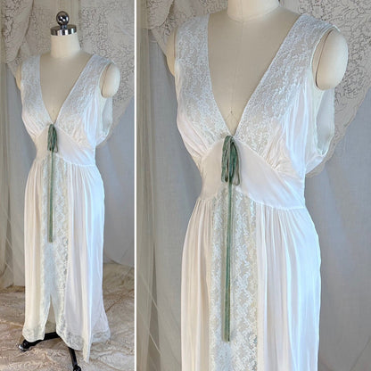 Vintage 1940's Nightgown - Bone White Rayon with Icy Blue Lace Insert & Velvet Bow - Daggers & Dames