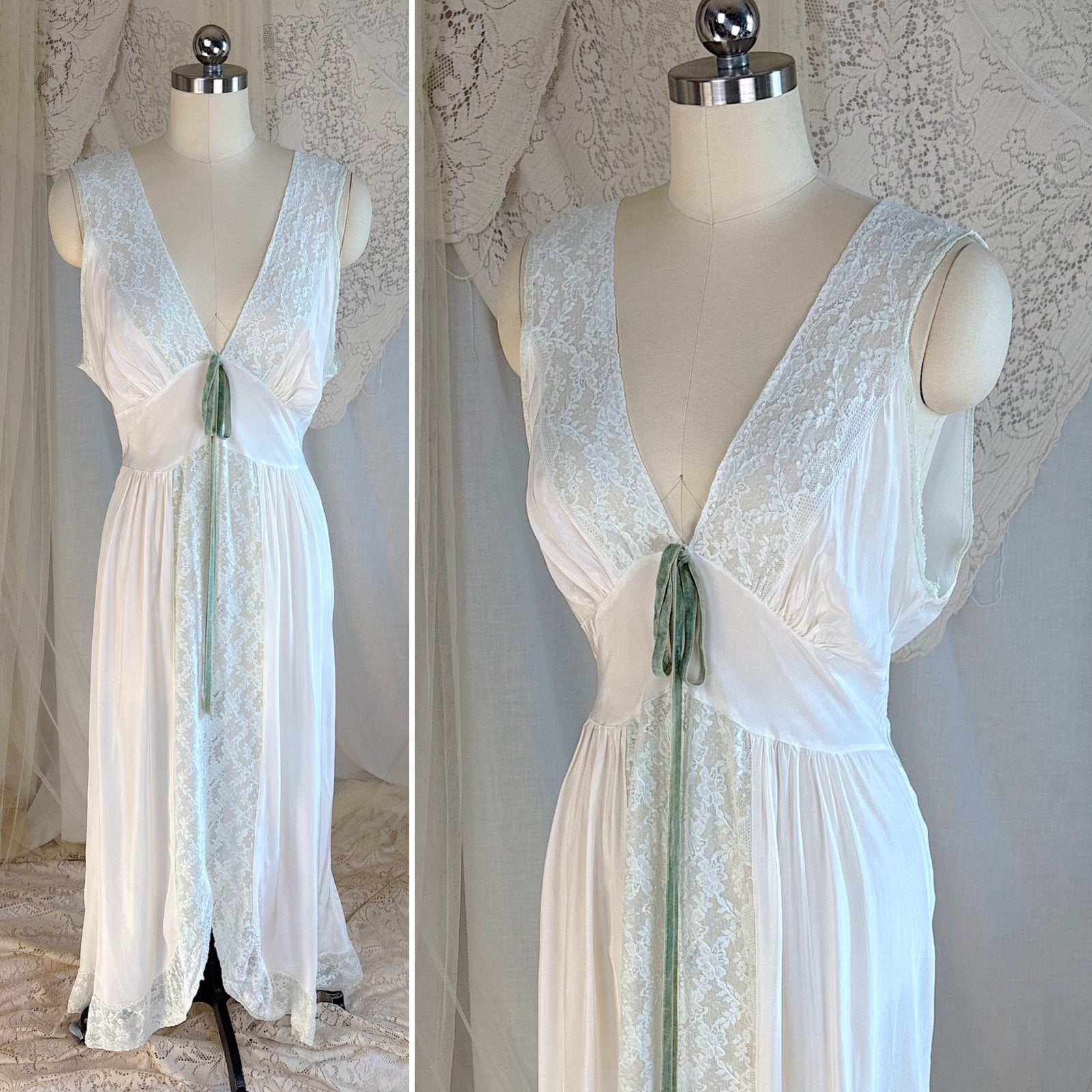 Vintage 1940's Nightgown - Bone White Rayon with Icy Blue Lace Insert & Velvet Bow - Daggers & Dames