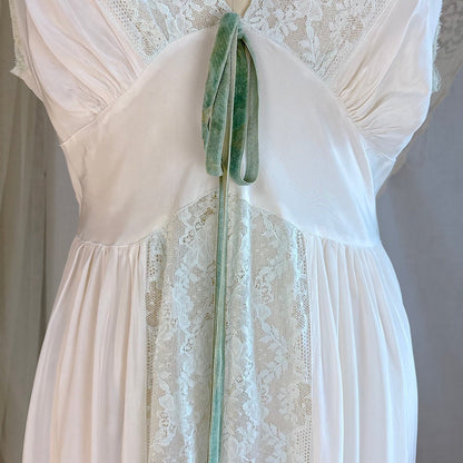 Vintage 1940's Nightgown - Bone White Rayon with Icy Blue Lace Insert & Velvet Bow - Daggers & Dames