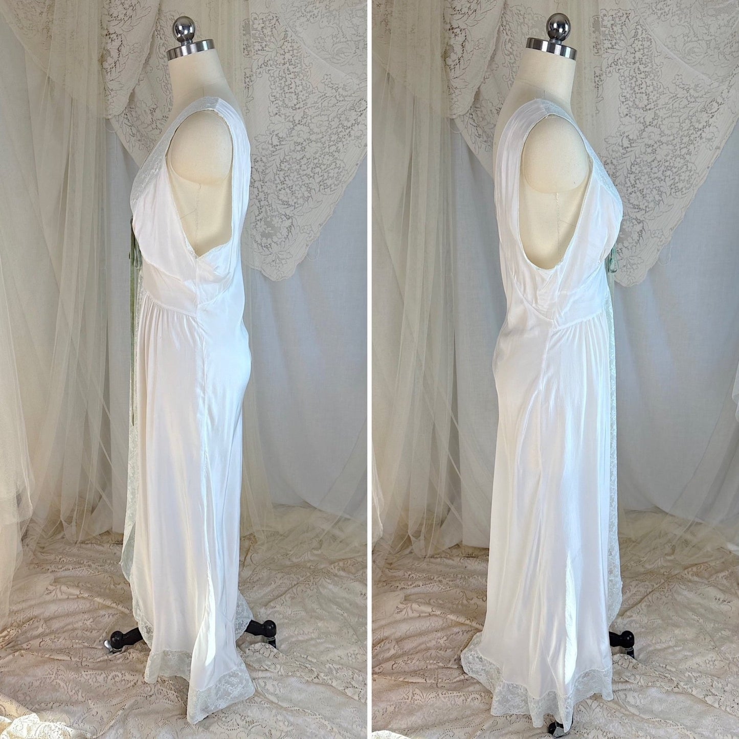 Vintage 1940's Nightgown - Bone White Rayon with Icy Blue Lace Insert & Velvet Bow - Daggers & Dames