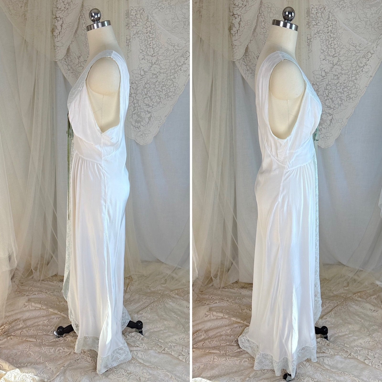 Vintage 1940's Nightgown - Bone White Rayon with Icy Blue Lace Insert & Velvet Bow - Daggers & Dames