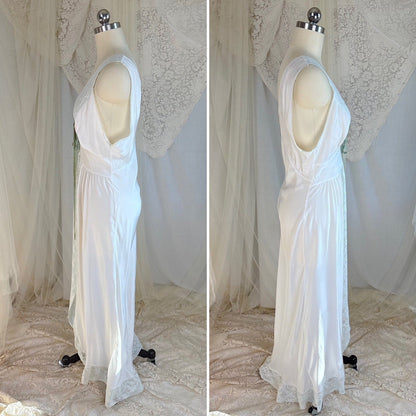 Vintage 1940's Nightgown - Bone White Rayon with Icy Blue Lace Insert & Velvet Bow - Daggers & Dames