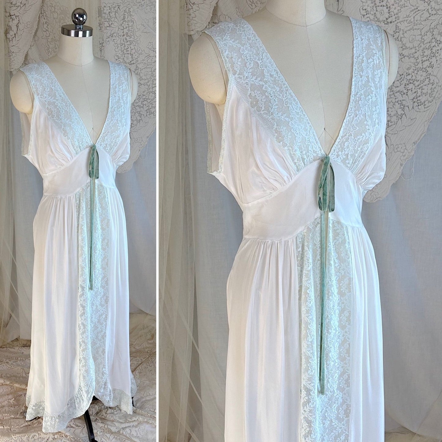 Vintage 1940's Nightgown - Bone White Rayon with Icy Blue Lace Insert & Velvet Bow - Daggers & Dames