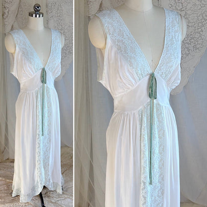 Vintage 1940's Nightgown - Bone White Rayon with Icy Blue Lace Insert & Velvet Bow - Daggers & Dames
