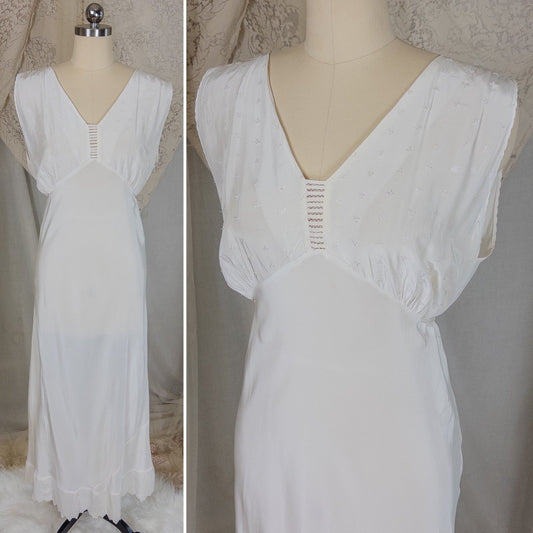Vintage 1940's Nightgown - Bright White Rayon Crepe with Eyelet Embroidery & Scalloped Hem | Small, Medium - Daggers & Dames