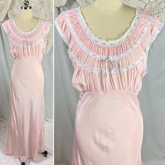 Vintage 1940's Nightgown | Bubblegum Pink Rayon with Gathered Bodice & Woven Blue Ribbon | Size S, M - Daggers & Dames