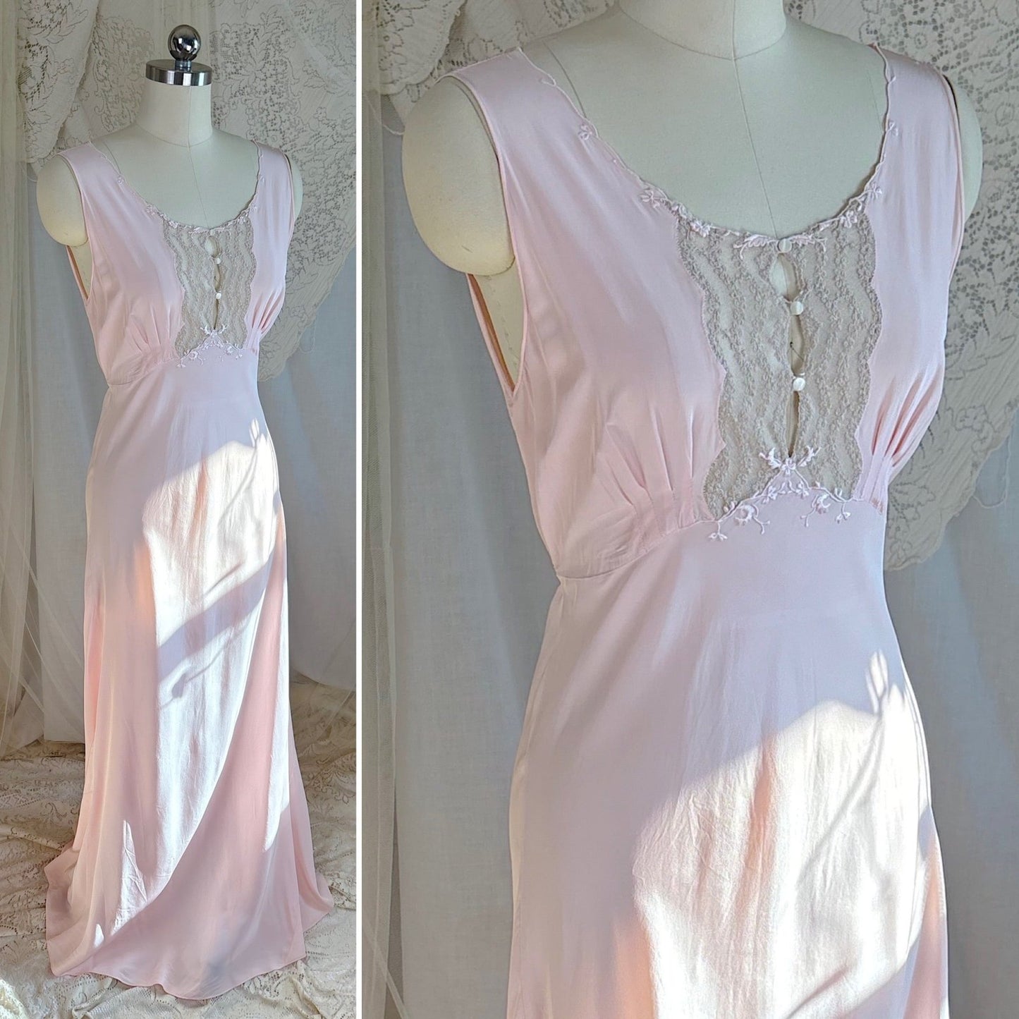 Vintage 1940's Nightgown - Hand - Stitched Tea Rose Pink Rayon with Deep Tan Tambour Lace - by Yolande - Daggers & Dames