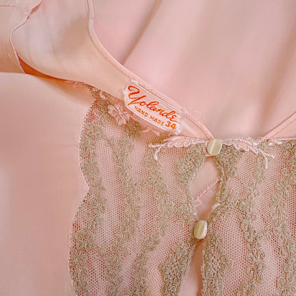 Vintage 1940's Nightgown - Hand - Stitched Tea Rose Pink Rayon with Deep Tan Tambour Lace - by Yolande - Daggers & Dames