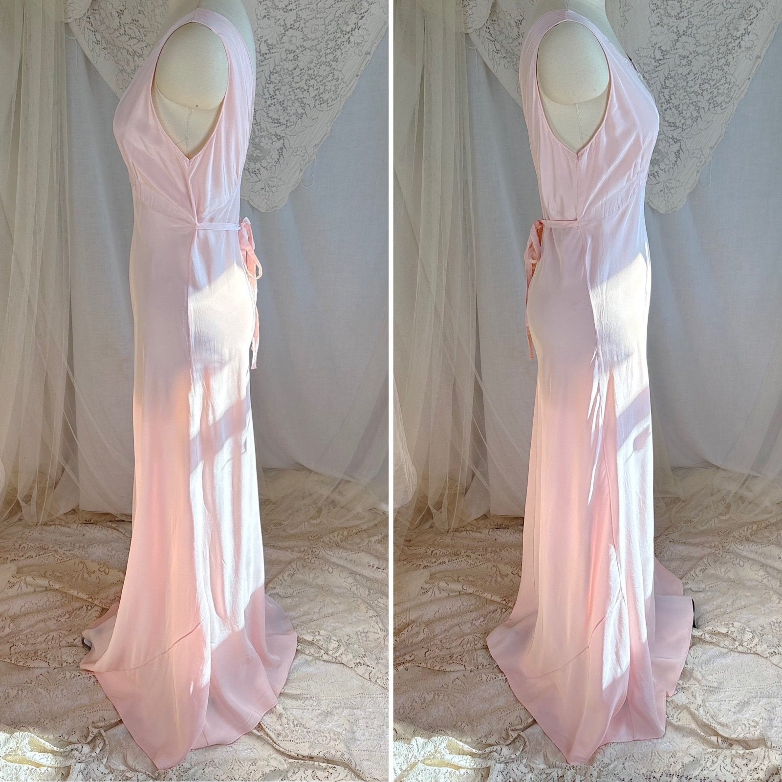 Vintage 1940's Nightgown - Hand - Stitched Tea Rose Pink Rayon with Deep Tan Tambour Lace - by Yolande - Daggers & Dames