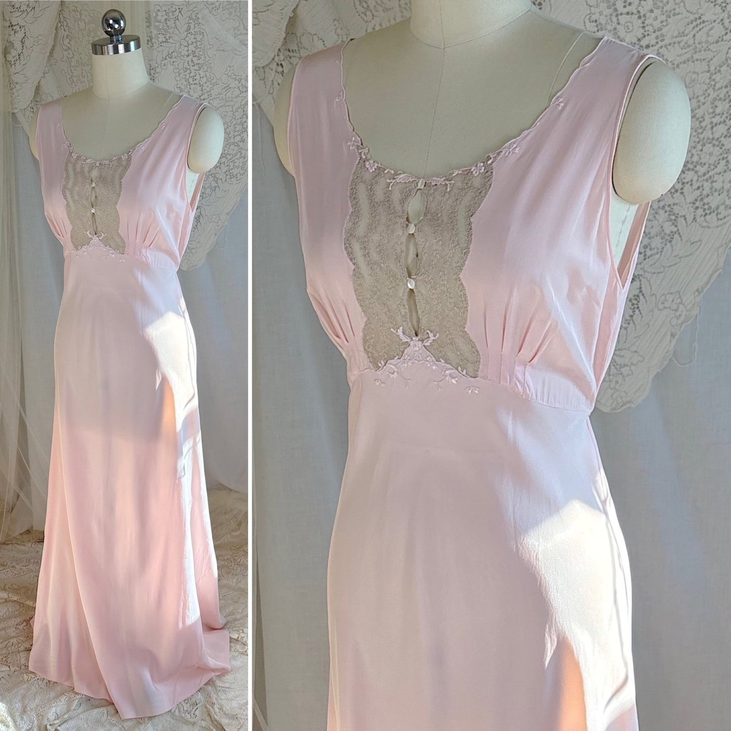 Vintage 1940's Nightgown - Hand - Stitched Tea Rose Pink Rayon with Deep Tan Tambour Lace - by Yolande - Daggers & Dames