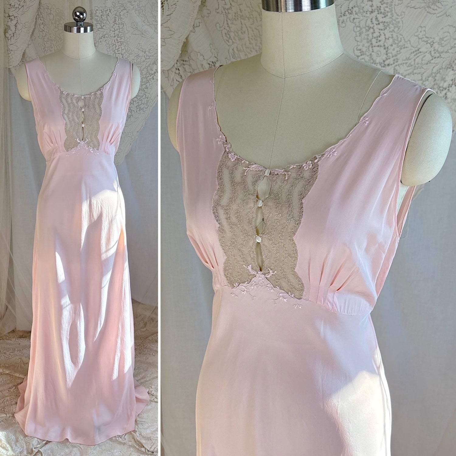 Vintage 1940's Nightgown - Hand - Stitched Tea Rose Pink Rayon with Deep Tan Tambour Lace - by Yolande - Daggers & Dames