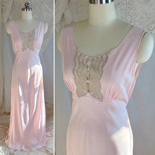 Vintage 1940's Nightgown - Hand - Stitched Tea Rose Pink Rayon with Deep Tan Tambour Lace - by Yolande - Daggers & Dames