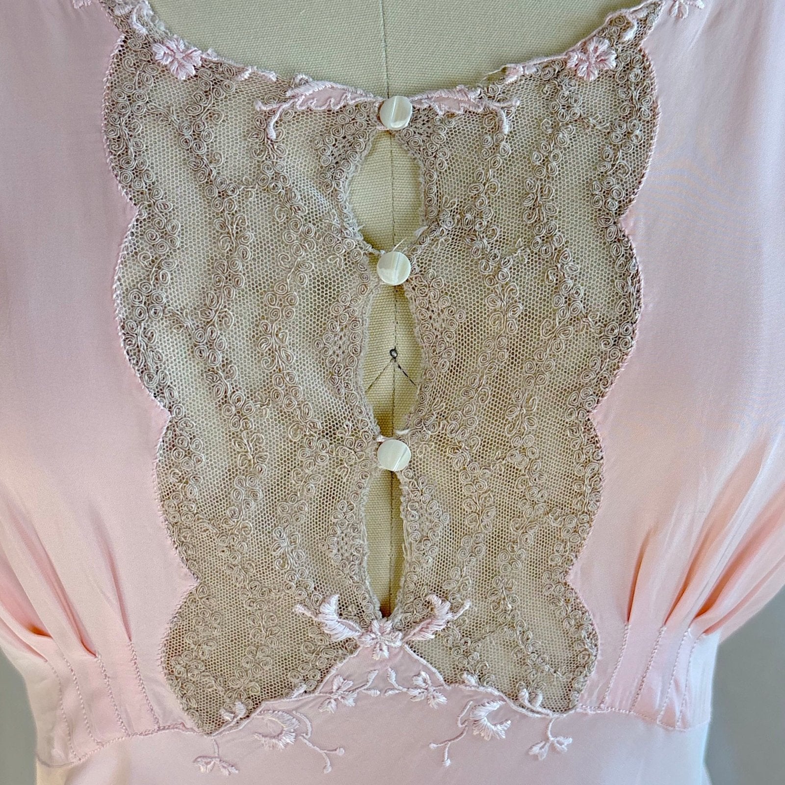 Vintage 1940's Nightgown - Hand - Stitched Tea Rose Pink Rayon with Deep Tan Tambour Lace - by Yolande - Daggers & Dames