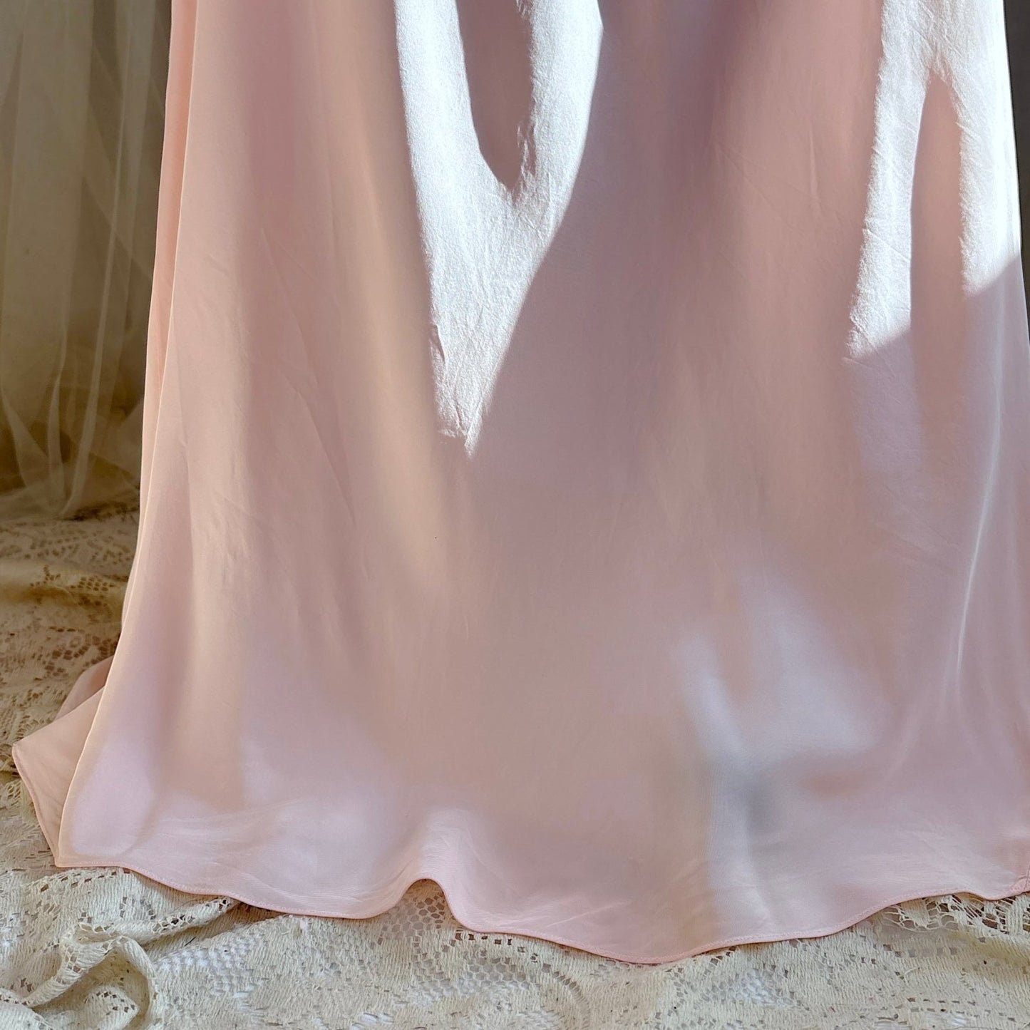 Vintage 1940's Nightgown - Hand - Stitched Tea Rose Pink Rayon with Deep Tan Tambour Lace - by Yolande - Daggers & Dames