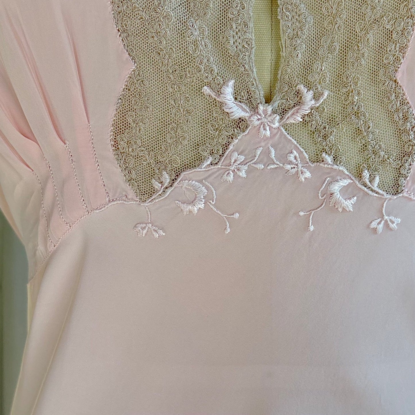 Vintage 1940's Nightgown - Hand - Stitched Tea Rose Pink Rayon with Deep Tan Tambour Lace - by Yolande - Daggers & Dames