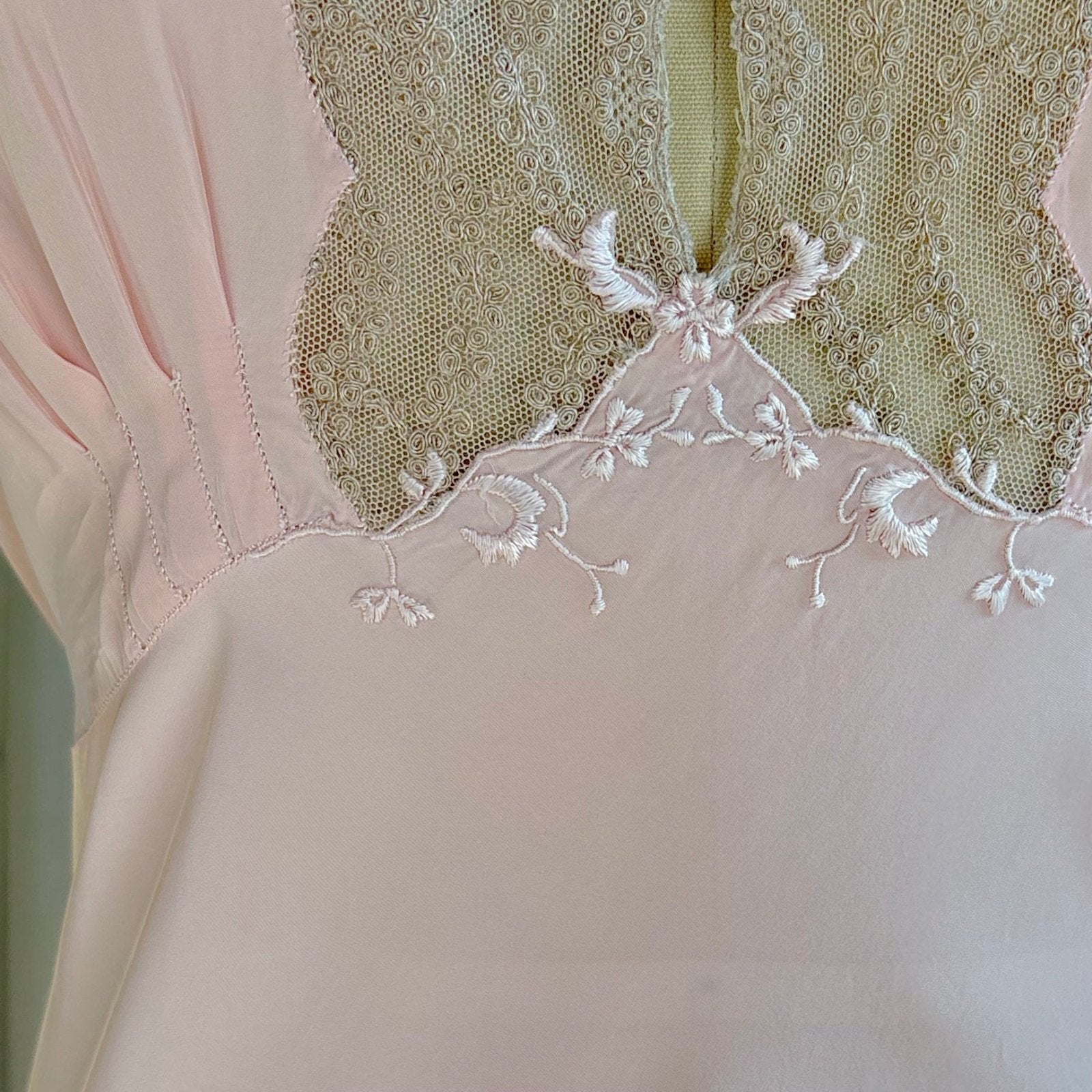 Vintage 1940's Nightgown - Hand - Stitched Tea Rose Pink Rayon with Deep Tan Tambour Lace - by Yolande - Daggers & Dames