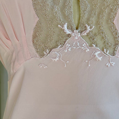 Vintage 1940's Nightgown - Hand - Stitched Tea Rose Pink Rayon with Deep Tan Tambour Lace - by Yolande - Daggers & Dames