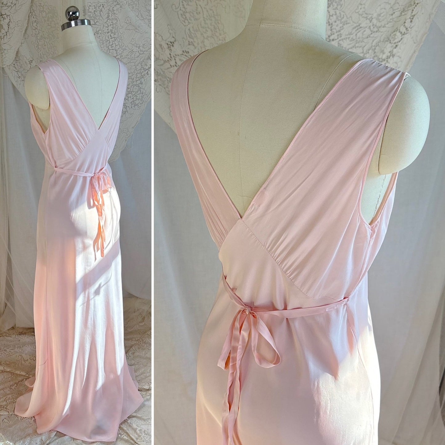 Vintage 1940's Nightgown - Hand - Stitched Tea Rose Pink Rayon with Deep Tan Tambour Lace - by Yolande - Daggers & Dames