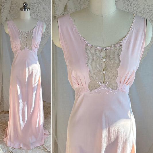 Vintage 1940's Nightgown - Hand - Stitched Tea Rose Pink Rayon with Deep Tan Tambour Lace - by Yolande - Daggers & Dames