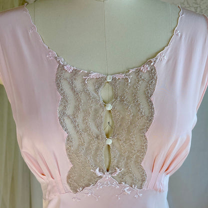 Vintage 1940's Nightgown - Hand - Stitched Tea Rose Pink Rayon with Deep Tan Tambour Lace - by Yolande - Daggers & Dames