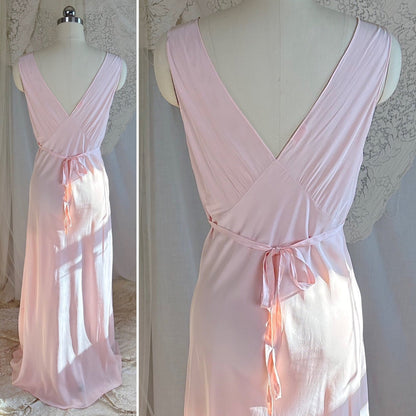 Vintage 1940's Nightgown - Hand - Stitched Tea Rose Pink Rayon with Deep Tan Tambour Lace - by Yolande - Daggers & Dames