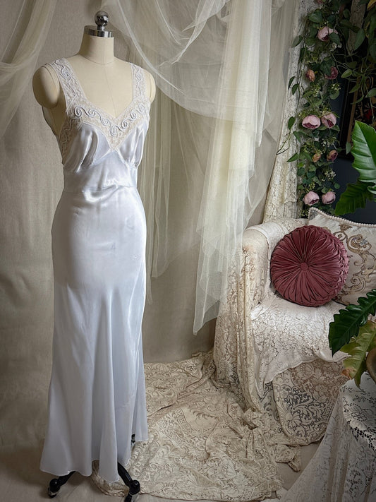 Vintage 1940's Nightgown - Icy Blue Rayon Satin with Soutache Embroidery | XS - Daggers & Dames