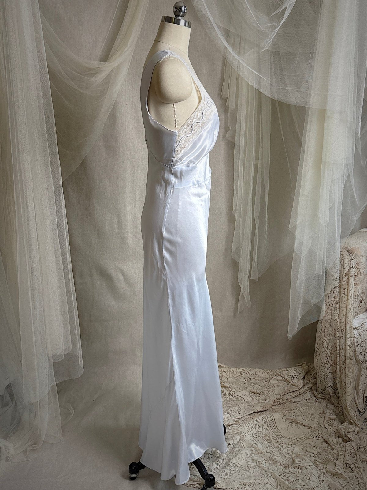 Vintage 1940's Nightgown - Icy Blue Rayon Satin with Soutache Embroidery | XS - Daggers & Dames